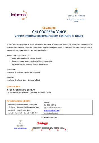 Scopri di più sull'articolo SEMINARIO CHI COOPERA VINCE – Creare impresa cooperativa per costruire il futuro