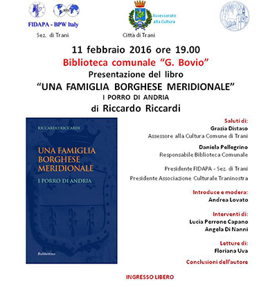 Scopri di più sull'articolo Presentazione del volume di Riccardo Riccardi – UNA FAMIGLIA BORGHESE MERIDIONALE – I PORRO DI ANDRIA